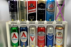 GRE037-048 Alpha, Alpha Strong, Alpha Weiss Up side down, Amstel Music, OIE, Edelsteiner Premium Pils, Fischer Pilsener Beer, Henninger Quality Lager, Kaiser Pilsener, GRE049-061 Amstel Music, Amstel Dark, Beptina, Carlsberg Pilsener OIE, OIE Avev, Eta, Hellas Pils, Henninger, Mamoz, Nissos Pure Lager, Nymoh, Zythos 330ml, 33cl Greek Beer Cans, beer can collection greece, Griechische Bierdosen